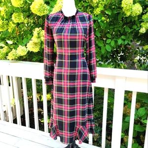 J Crew Black Tartan Plaid Smocked Neck Dress